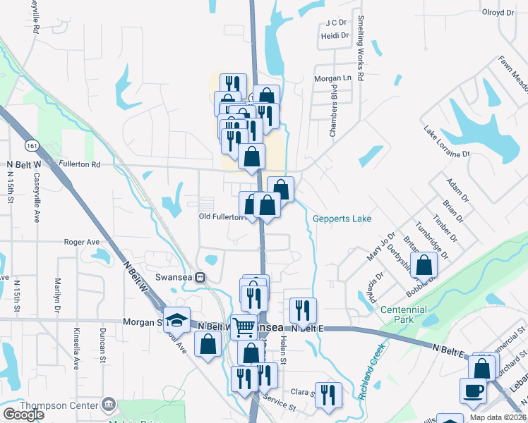 map of restaurants, bars, coffee shops, grocery stores, and more near 1814 North Illinois Street in Belleville