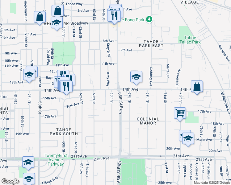 map of restaurants, bars, coffee shops, grocery stores, and more near 6540 14th Avenue in Sacramento