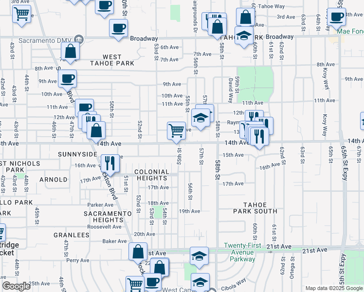 map of restaurants, bars, coffee shops, grocery stores, and more near 5450 14th Avenue in Sacramento