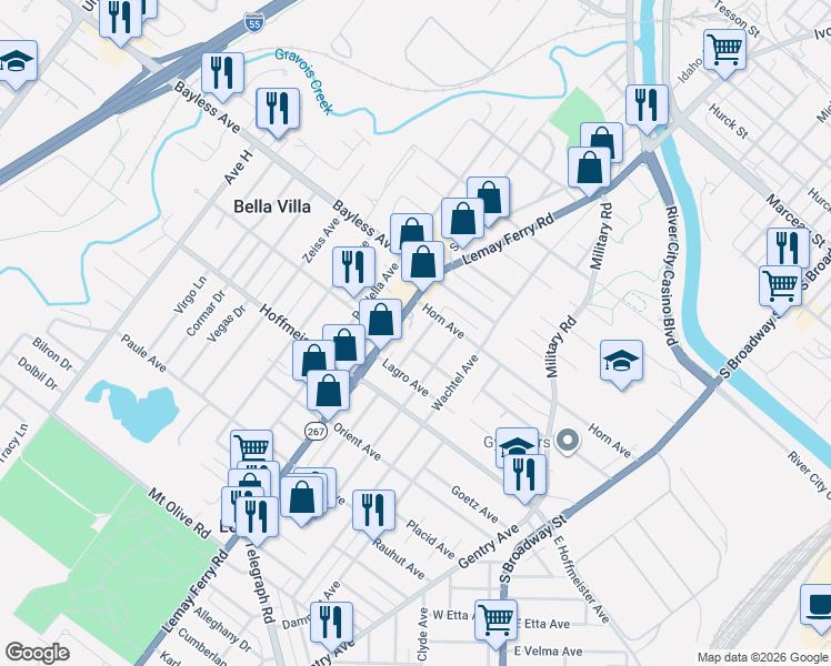 map of restaurants, bars, coffee shops, grocery stores, and more near 732 Lemay Ferry Road in St. Louis