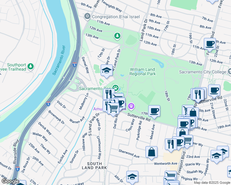 map of restaurants, bars, coffee shops, grocery stores, and more near 3930 West Land Park Drive in Sacramento