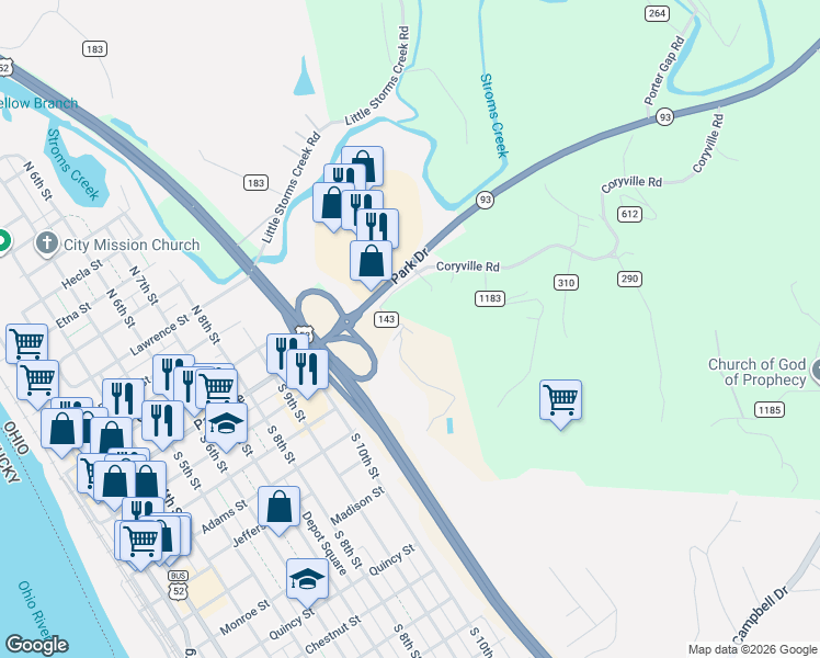 map of restaurants, bars, coffee shops, grocery stores, and more near 193 Township Road 143 in Ironton