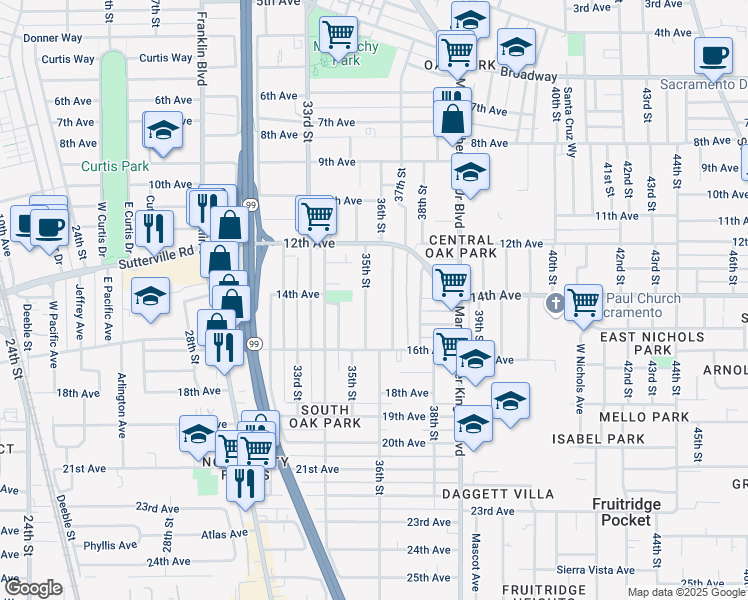 map of restaurants, bars, coffee shops, grocery stores, and more near 3857 35th Street in Sacramento