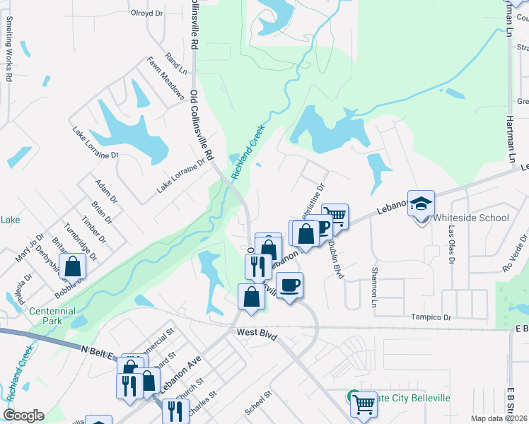 map of restaurants, bars, coffee shops, grocery stores, and more near 9 Willowbrook Drive in Belleville