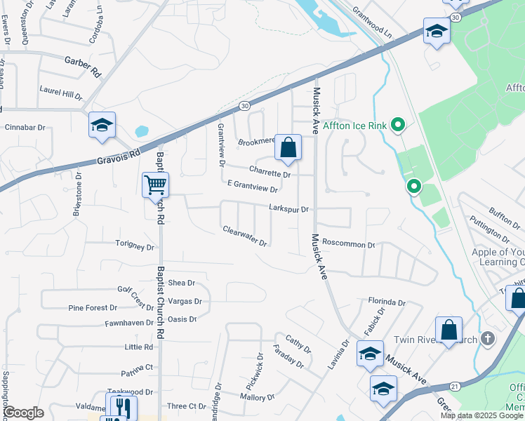 map of restaurants, bars, coffee shops, grocery stores, and more near 10712 Larkspur Drive in St. Louis