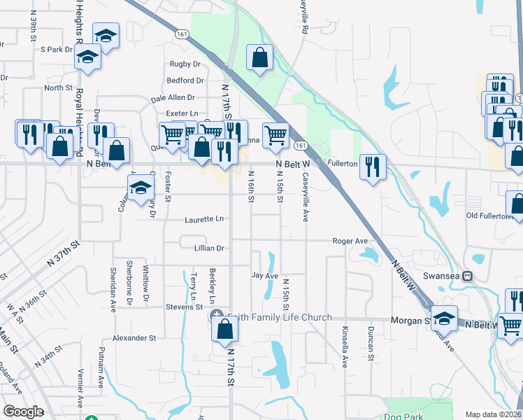 map of restaurants, bars, coffee shops, grocery stores, and more near 1507 Comer Avenue in Belleville