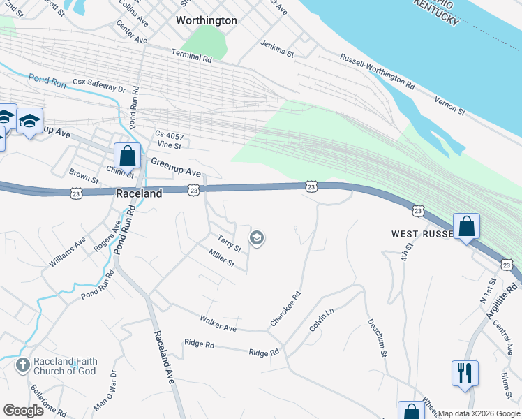 map of restaurants, bars, coffee shops, grocery stores, and more near U.S. 23 in Raceland