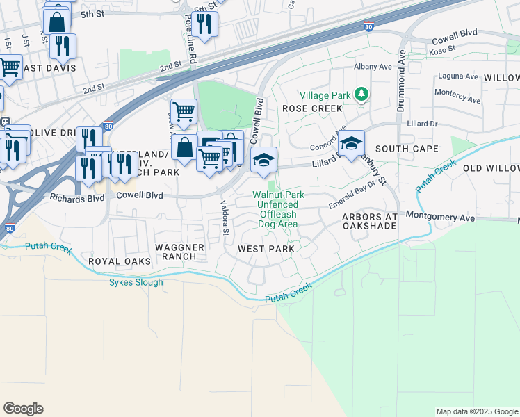 map of restaurants, bars, coffee shops, grocery stores, and more near 52 Barony Place in Davis