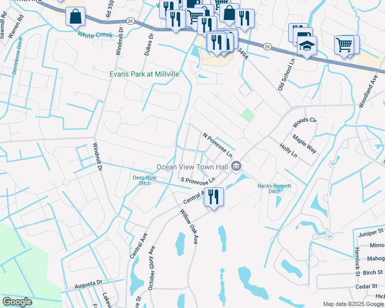 map of restaurants, bars, coffee shops, grocery stores, and more near 12 Windmill Lane in Ocean View
