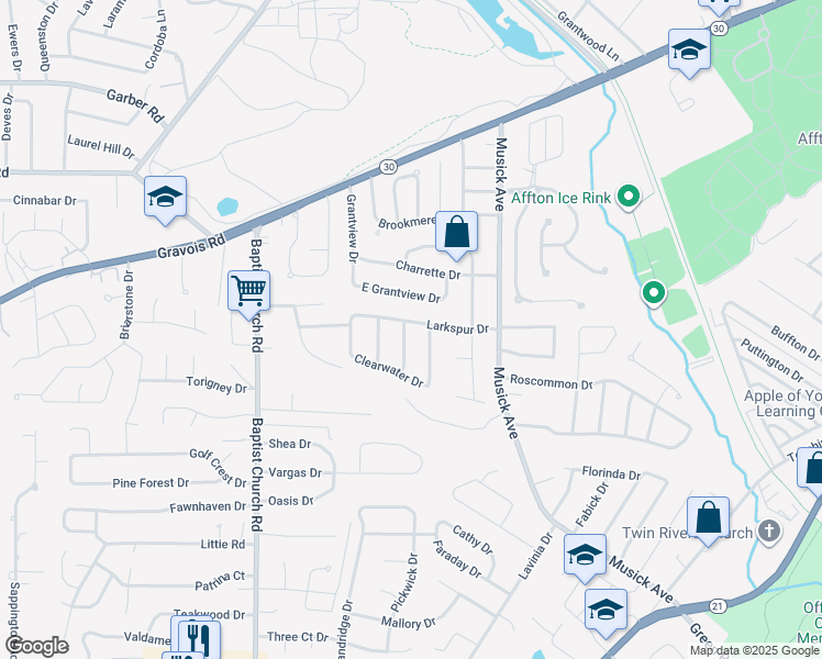 map of restaurants, bars, coffee shops, grocery stores, and more near 10712 Larkspur Drive in Saint Louis