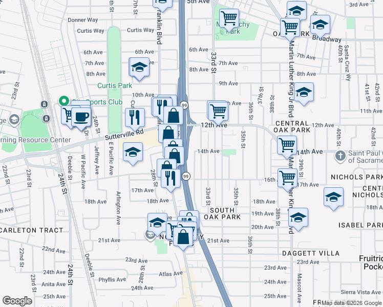 map of restaurants, bars, coffee shops, grocery stores, and more near 3904 Sumac Lane in Sacramento
