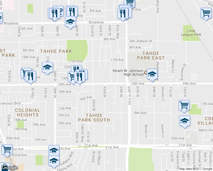 map of restaurants, bars, coffee shops, grocery stores, and more near 6300 14th Avenue in Sacramento