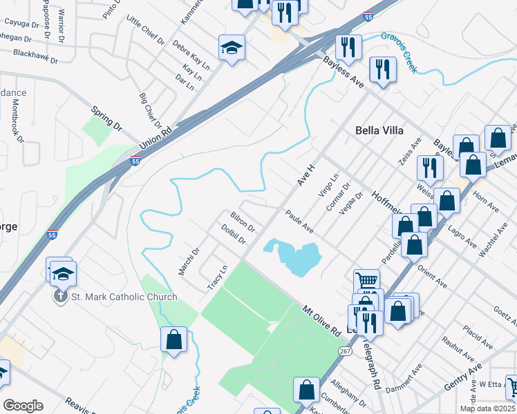 map of restaurants, bars, coffee shops, grocery stores, and more near 4064 Paule Avenue in St. Louis