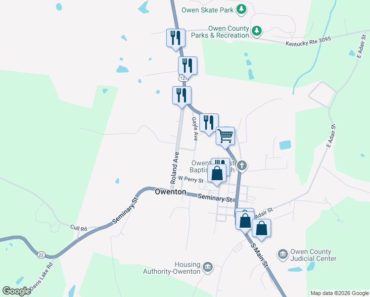 map of restaurants, bars, coffee shops, grocery stores, and more near 85 Botts Street in Owenton