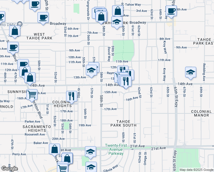 map of restaurants, bars, coffee shops, grocery stores, and more near 5826 14th Avenue in Sacramento