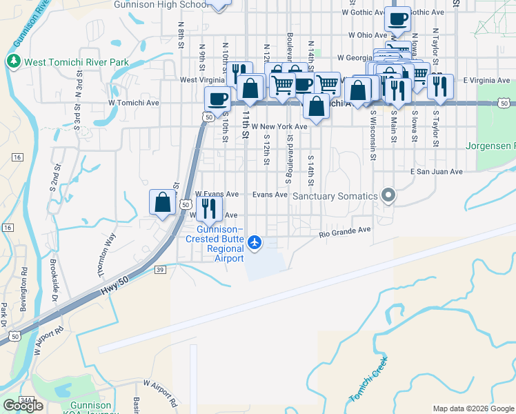 map of restaurants, bars, coffee shops, grocery stores, and more near 515 South 12th Street in Gunnison