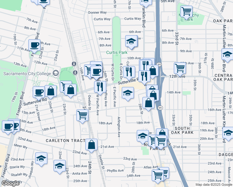 map of restaurants, bars, coffee shops, grocery stores, and more near 3765 East Pacific Avenue in Sacramento