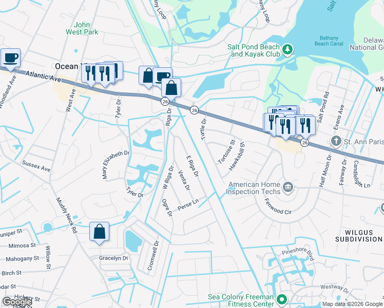map of restaurants, bars, coffee shops, grocery stores, and more near 32645 East Riga Drive in Ocean View