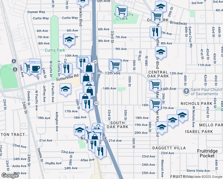 map of restaurants, bars, coffee shops, grocery stores, and more near 3900 33rd Street in Sacramento