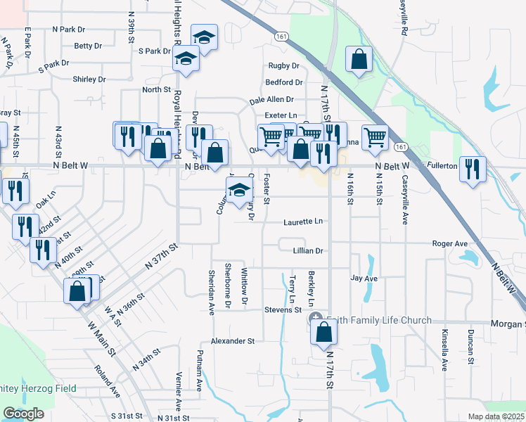 map of restaurants, bars, coffee shops, grocery stores, and more near 1905 Foster Drive in Belleville