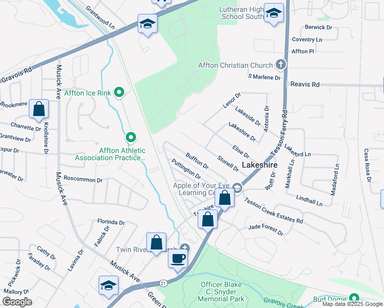map of restaurants, bars, coffee shops, grocery stores, and more near 10165 Buffton Drive in St. Louis