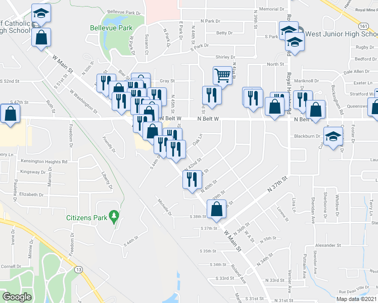 map of restaurants, bars, coffee shops, grocery stores, and more near 4221 Erna Drive in Belleville