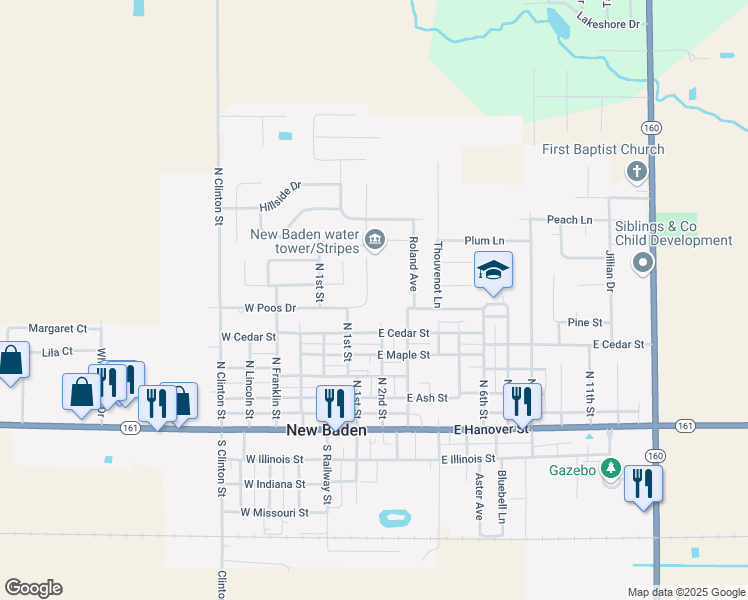 map of restaurants, bars, coffee shops, grocery stores, and more near 119 East Poos Drive in New Baden