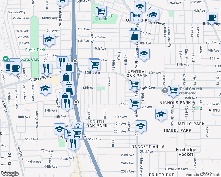 map of restaurants, bars, coffee shops, grocery stores, and more near 3913 35th Street in Sacramento