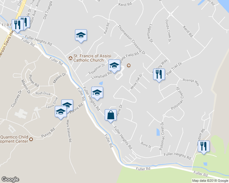 map of restaurants, bars, coffee shops, grocery stores, and more near 19000 Barnette Circle in Triangle