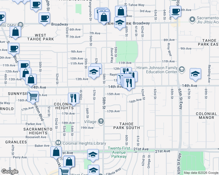 map of restaurants, bars, coffee shops, grocery stores, and more near 5826 14th Avenue in Sacramento
