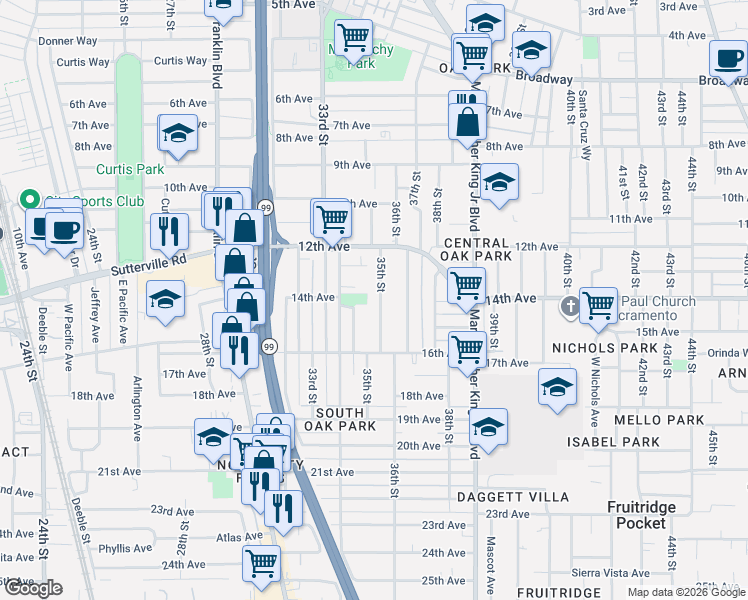 map of restaurants, bars, coffee shops, grocery stores, and more near 3857 35th Street in Sacramento