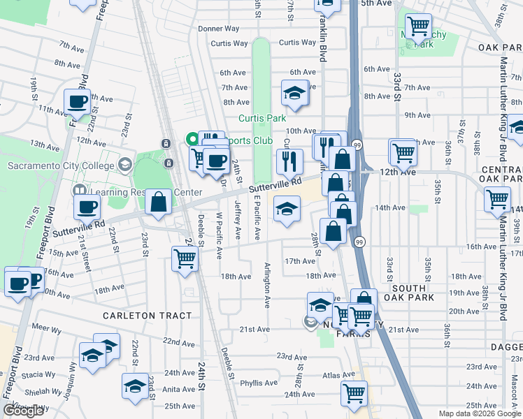 map of restaurants, bars, coffee shops, grocery stores, and more near 3765 East Pacific Avenue in Sacramento