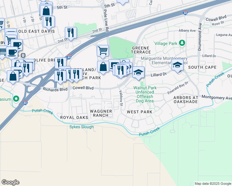 map of restaurants, bars, coffee shops, grocery stores, and more near 1515 Valdora Street in Davis