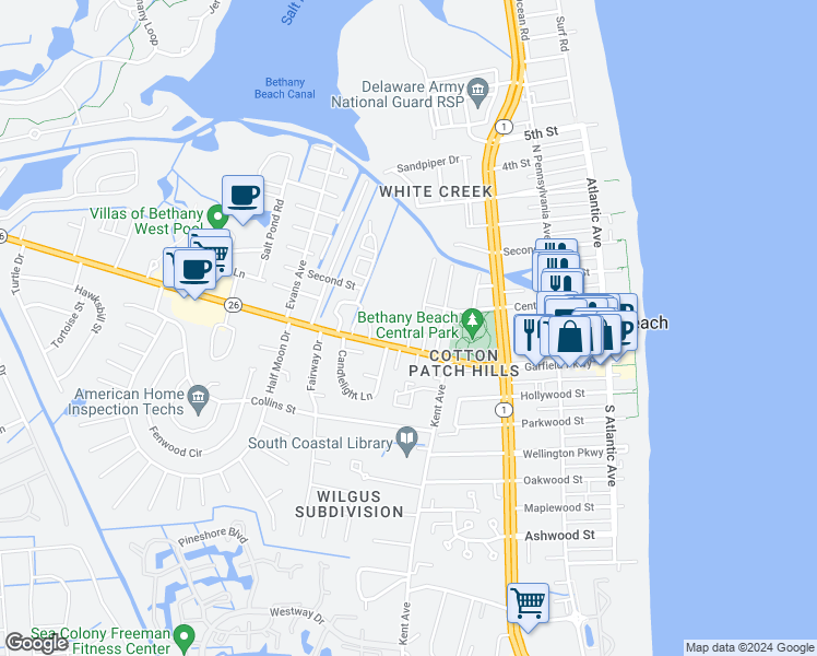 map of restaurants, bars, coffee shops, grocery stores, and more near in Bethany Beach