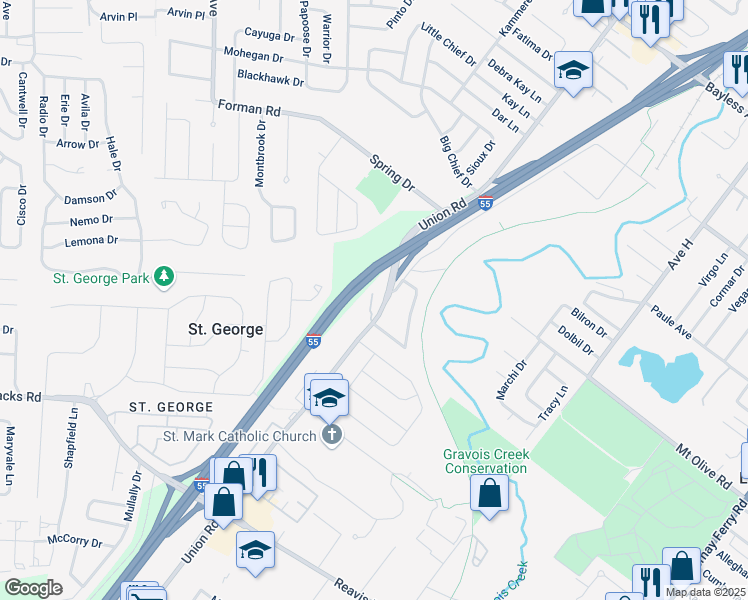 map of restaurants, bars, coffee shops, grocery stores, and more near 1511 Leeshores Lane in St. Louis