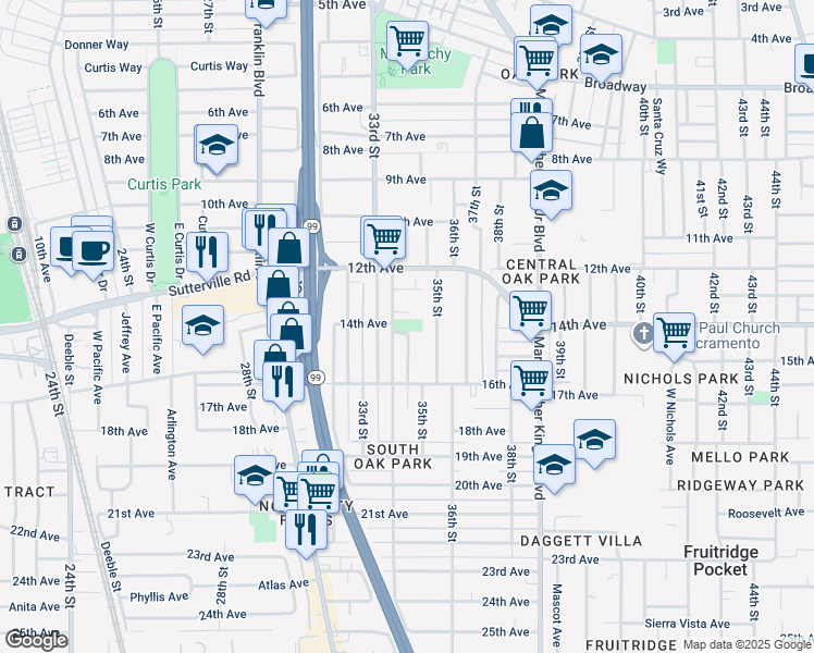 map of restaurants, bars, coffee shops, grocery stores, and more near 3901 34th Street in Sacramento