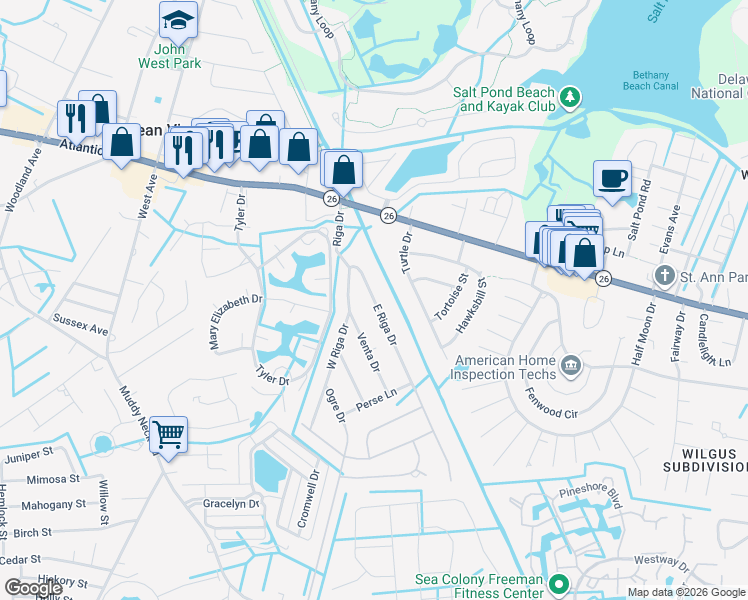 map of restaurants, bars, coffee shops, grocery stores, and more near 32645 East Riga Drive in Ocean View