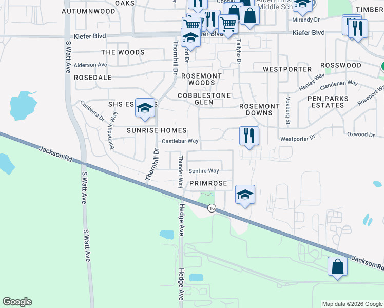 map of restaurants, bars, coffee shops, grocery stores, and more near 9117 Sunfire Way in Sacramento