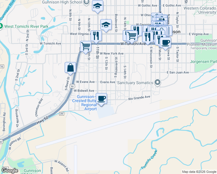 map of restaurants, bars, coffee shops, grocery stores, and more near 515 South 12th Street in Gunnison