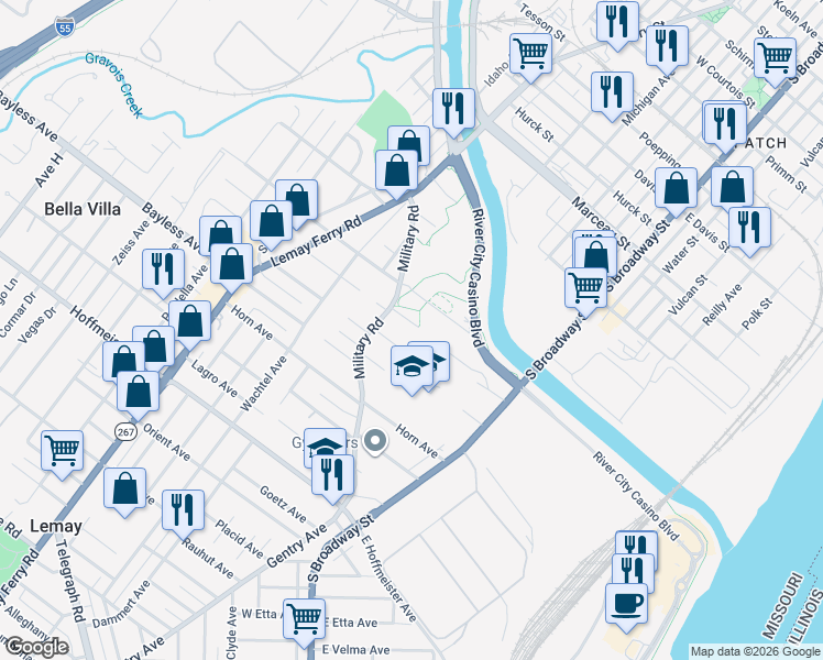 map of restaurants, bars, coffee shops, grocery stores, and more near 204 Kayser Avenue in St. Louis