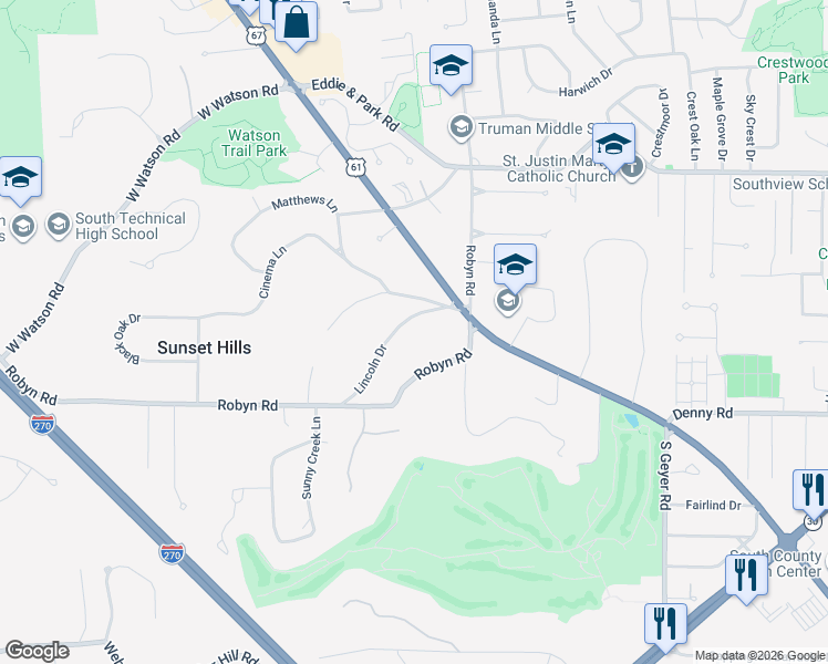 map of restaurants, bars, coffee shops, grocery stores, and more near 9320 Lincoln Drive in St. Louis
