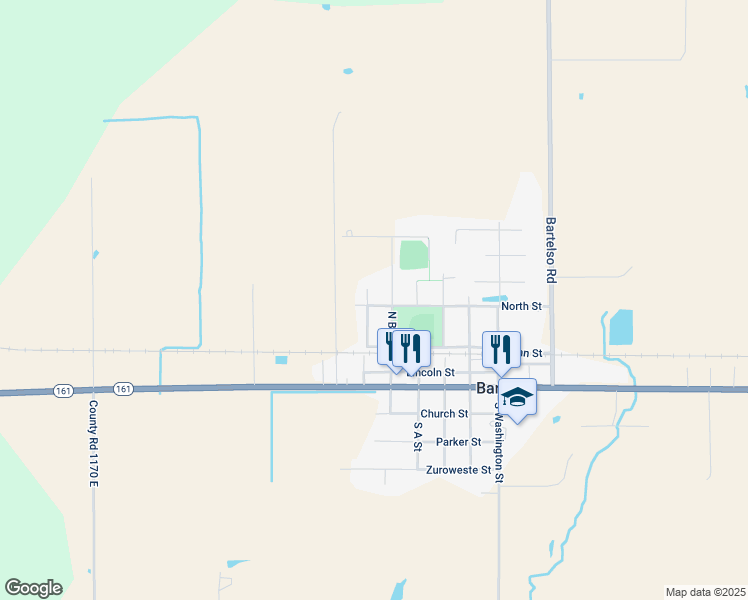 map of restaurants, bars, coffee shops, grocery stores, and more near 202 Sunset Drive in Bartelso
