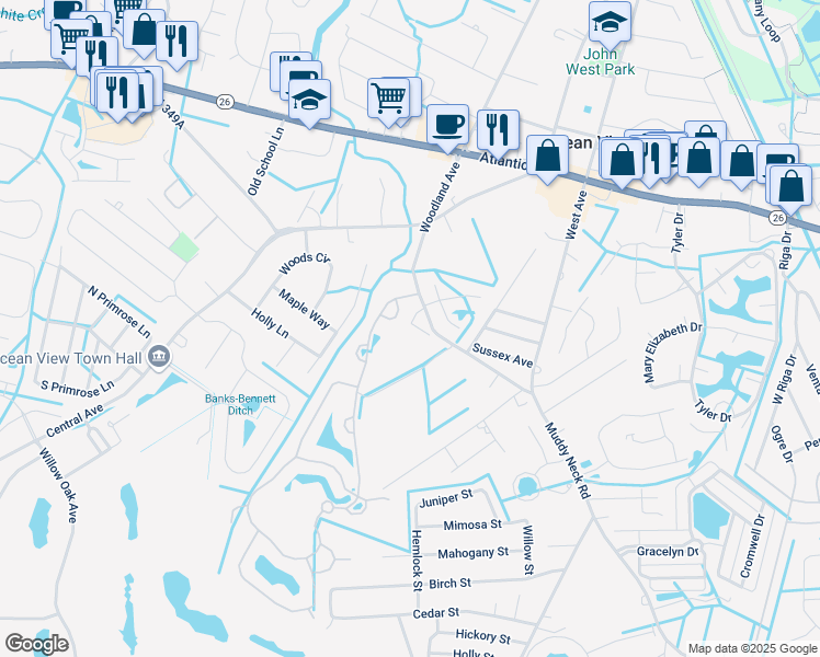 map of restaurants, bars, coffee shops, grocery stores, and more near 2 Smithfield Court in Ocean View