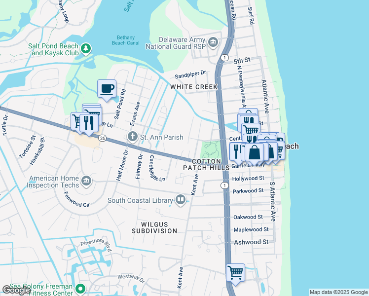map of restaurants, bars, coffee shops, grocery stores, and more near 453 Garfield Parkway in Bethany Beach