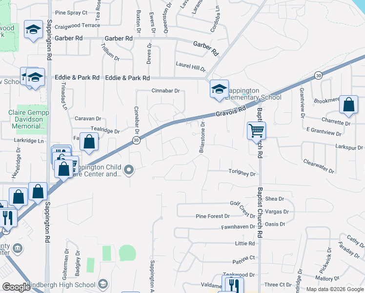 map of restaurants, bars, coffee shops, grocery stores, and more near 9824 Vera Cruz Drive in Sappington