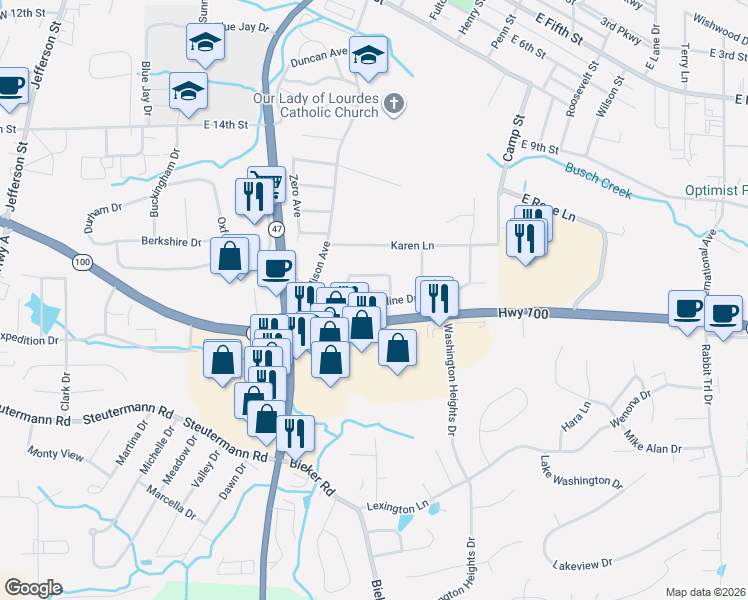 map of restaurants, bars, coffee shops, grocery stores, and more near 1013 Caroline Drive in Washington
