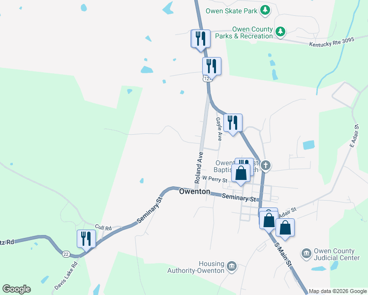 map of restaurants, bars, coffee shops, grocery stores, and more near 85 Botts Street in Owenton