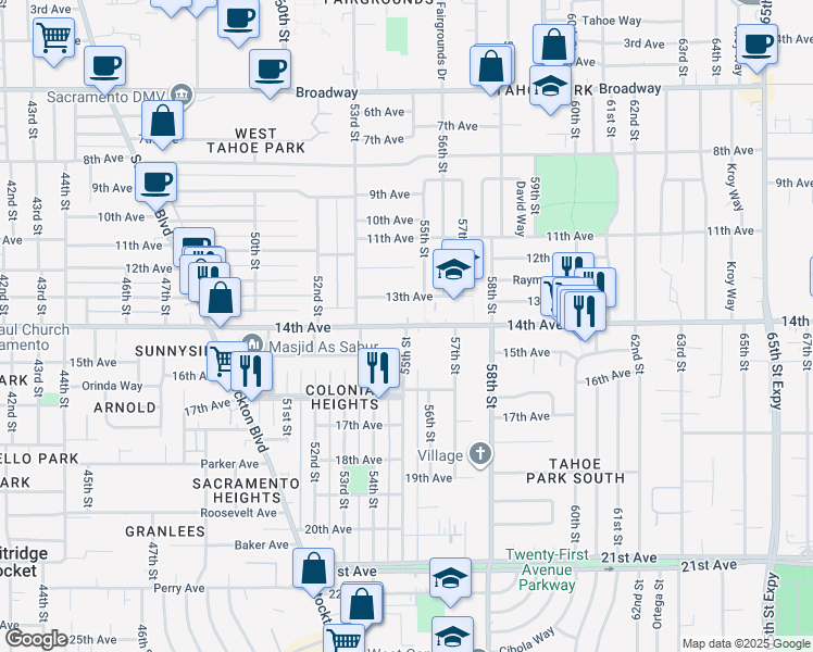 map of restaurants, bars, coffee shops, grocery stores, and more near 14th Avenue & 55th Street in Sacramento