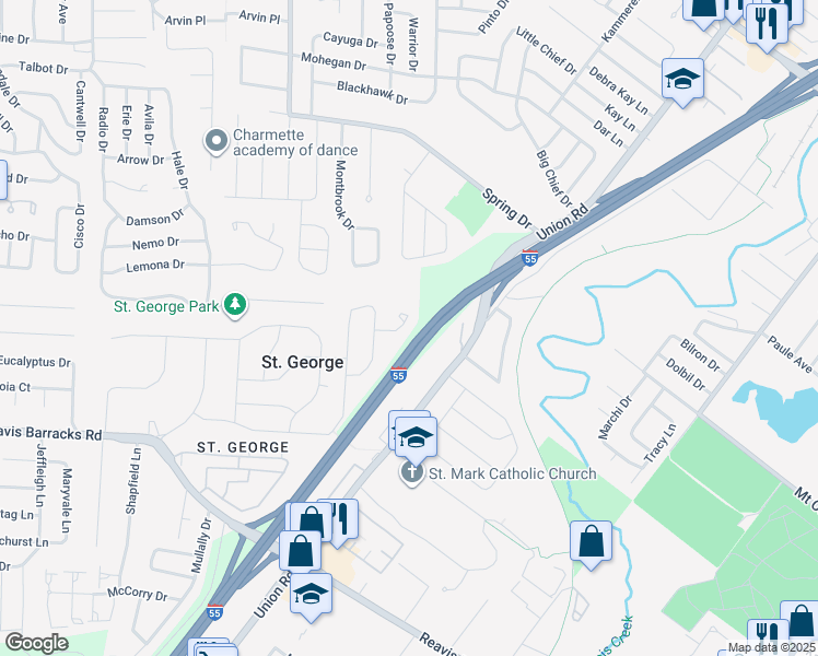 map of restaurants, bars, coffee shops, grocery stores, and more near 8616 Glenmont Court in Affton