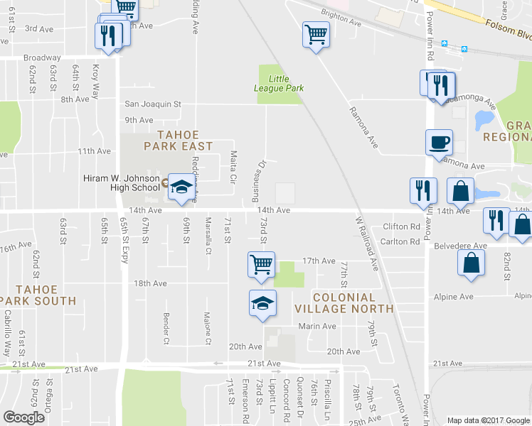 map of restaurants, bars, coffee shops, grocery stores, and more near 3901 73rd Street in Sacramento